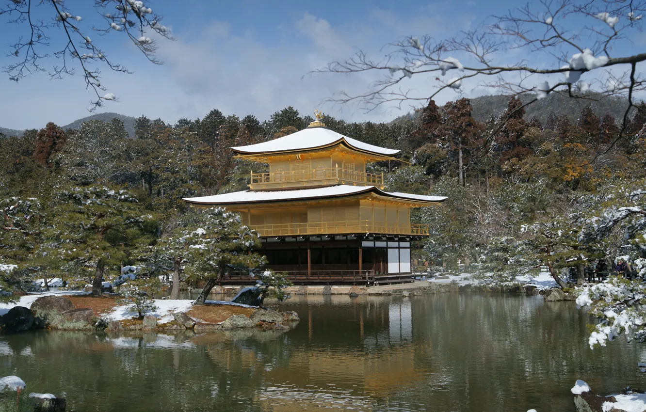 Photo wallpaper winter, snow, trees, lake, house, Japan, spring