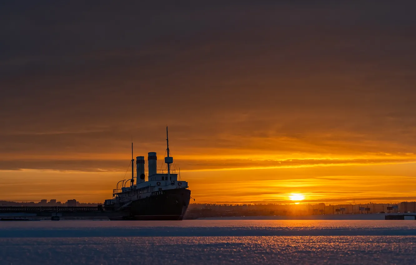 Photo wallpaper sea, sunset, boat, color