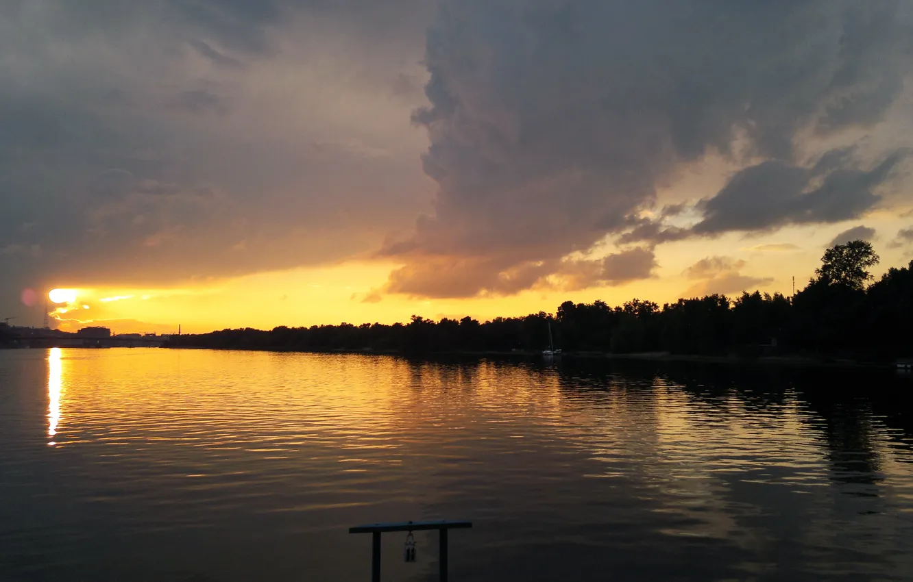 Photo wallpaper the trees on the shore, river, sunset