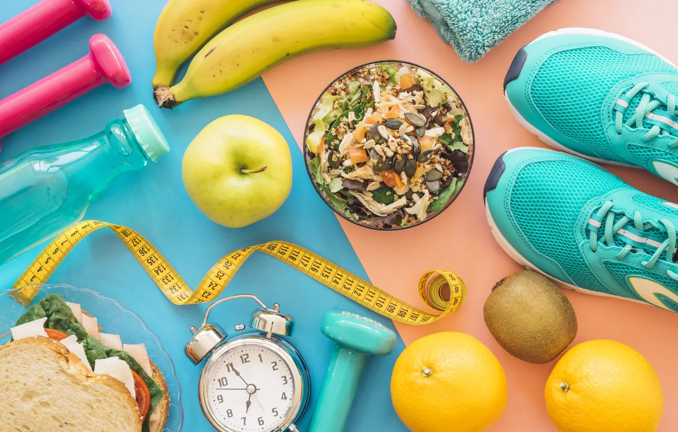 Photo wallpaper Breakfast, alarm clock, fruit, muesli, Athletes food