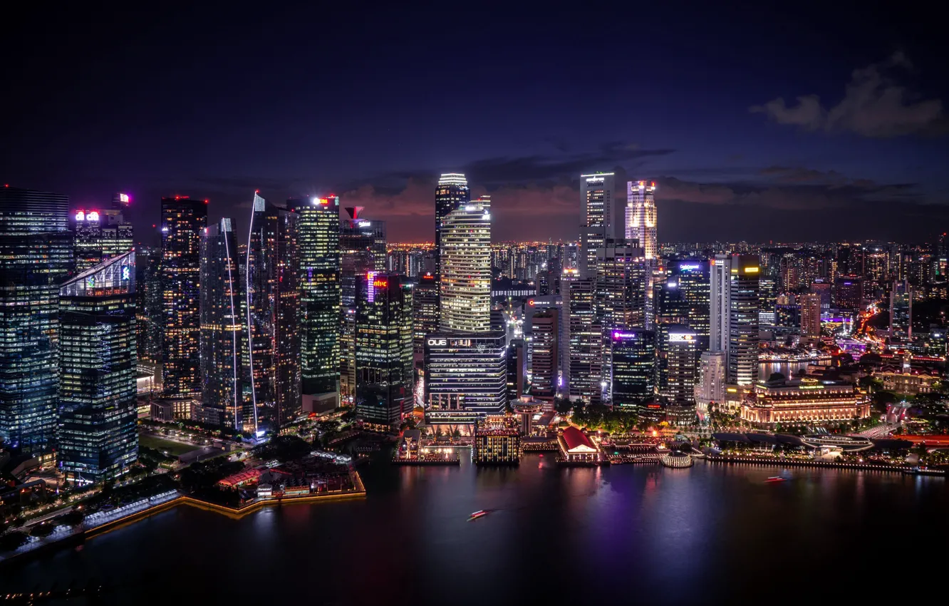 Photo wallpaper city, lights, coast, water, blur, Singapore, buildings, architecture