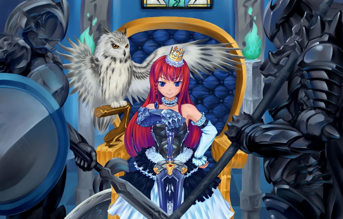 Photo wallpaper look, girl, smile, weapons, owl, armor, knights, art