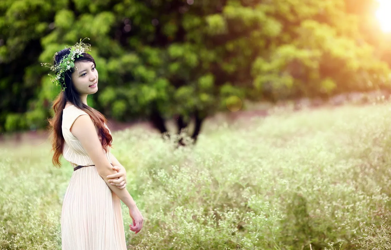 Photo wallpaper field, summer, girl, Asian