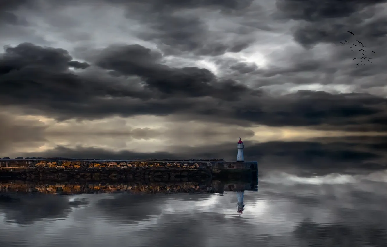 Photo wallpaper sea, night, lighthouse, pierce