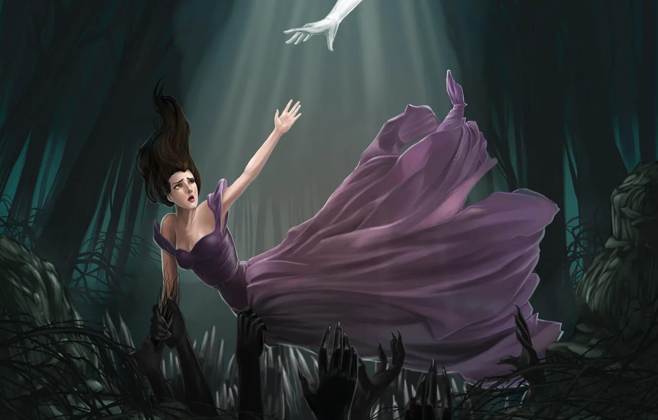 Photo wallpaper girl, light, darkness, hands, dress, help, the demon, dark