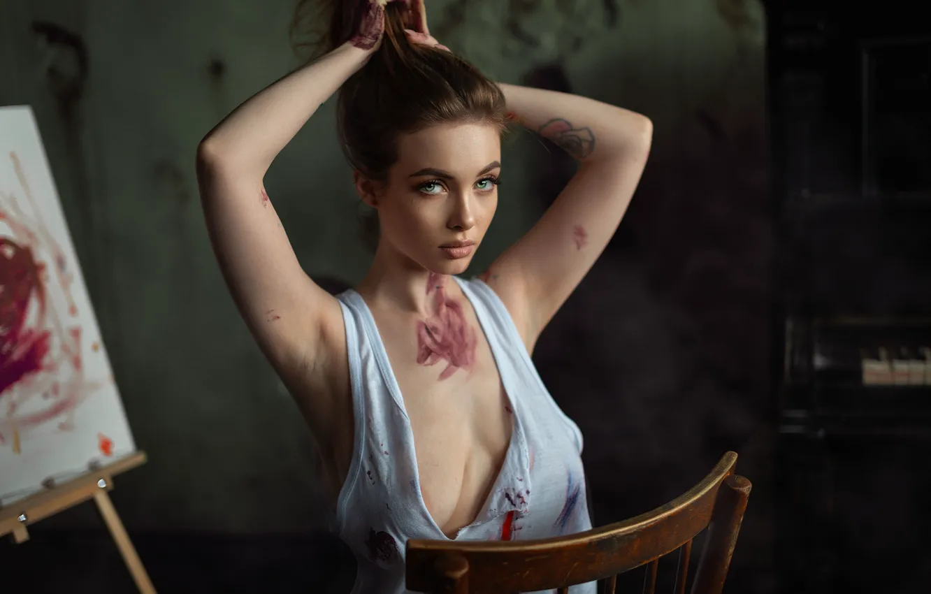 Photo wallpaper girl, beautiful, look, dirty, tank top