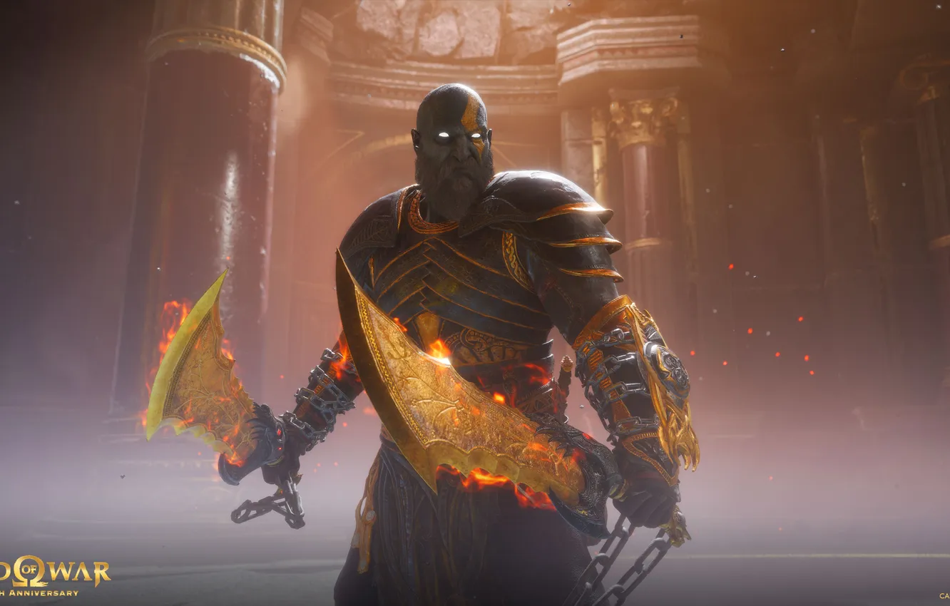 Photo wallpaper god of war, weapon, kratos, sony, snow, blow, man, blade