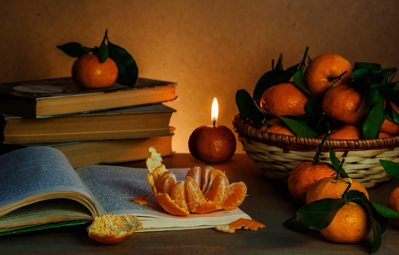 Photo wallpaper leaves, light, table, fire, flame, books, candle, bowl