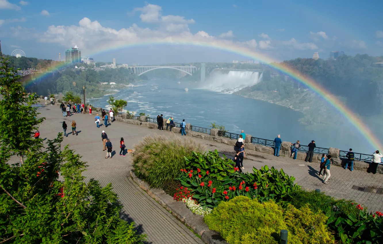 Photo wallpaper bridge, nature, Park, waterfall, rainbow, Niagara, rainbow, Nature