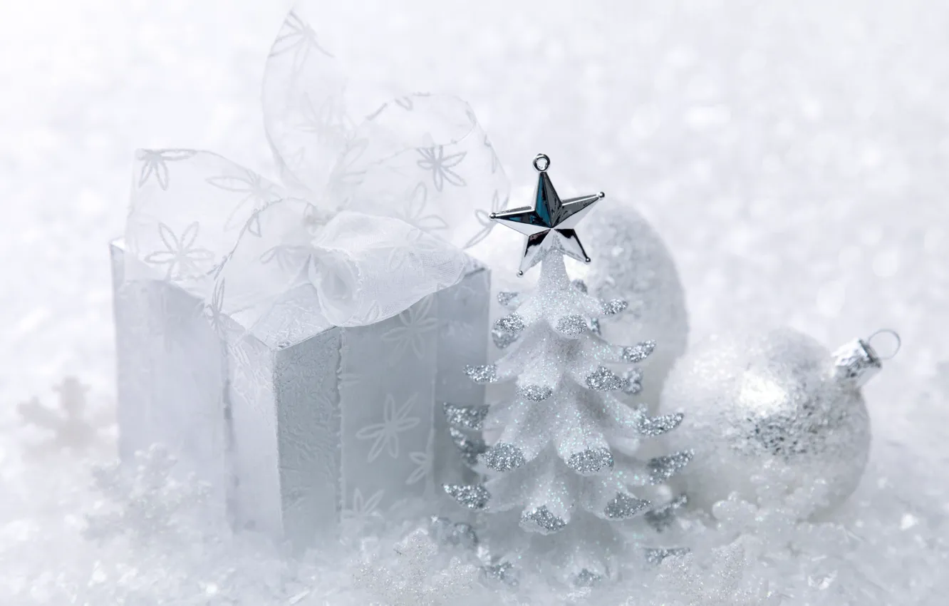 Photo wallpaper winter, balls, tape, box, gift, New Year, Christmas, white
