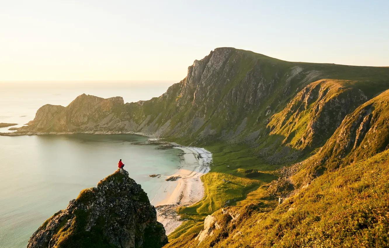 Photo wallpaper sea, sunset, sunrise, person, sun rays, cliff