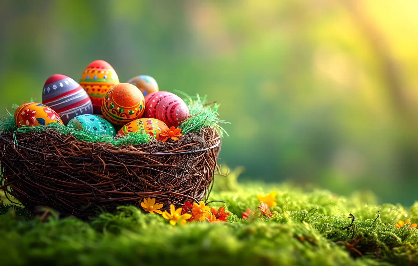 Photo wallpaper flowers, eggs, spring, colorful, Easter, flowers, spring, Easter