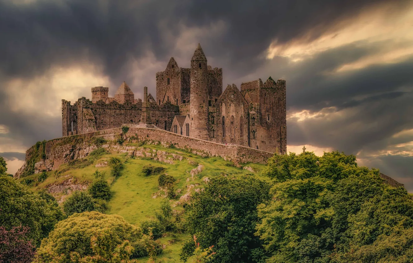 Photo wallpaper greens, the sky, trees, mountains, clouds, stones, castle, rocks