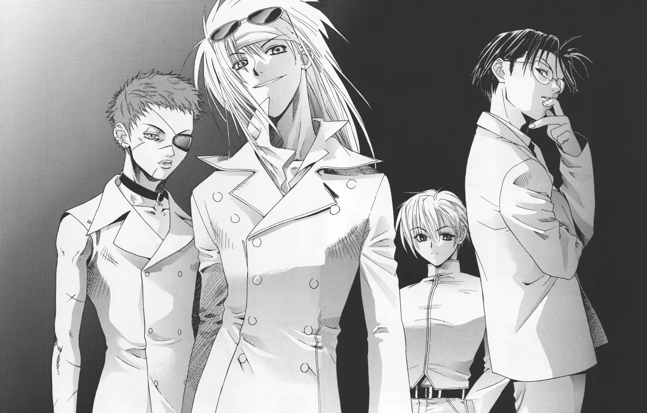 Photo wallpaper glasses, black and white, headband, cloak, gang, scar, grin, Weiss Kreuz