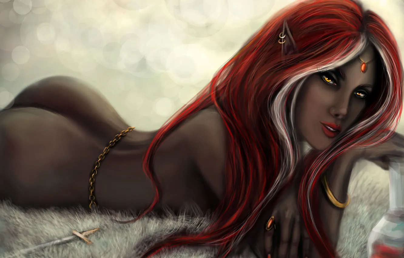 Photo wallpaper girl, decoration, art, elf, lying, black