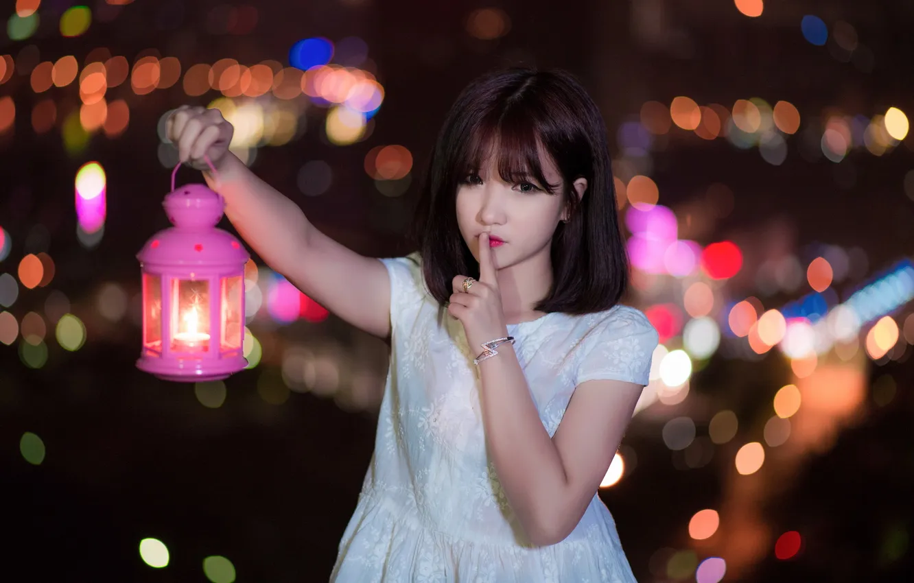 Photo wallpaper girl, night, lantern