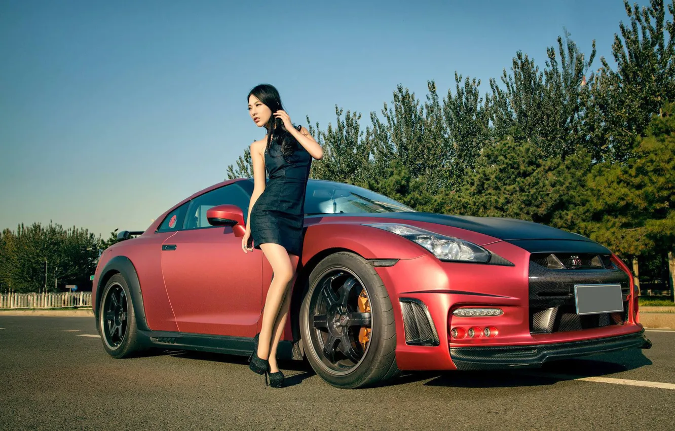 Photo wallpaper auto, look, girl, Nissan, Asian, beautiful girl, posing on the car