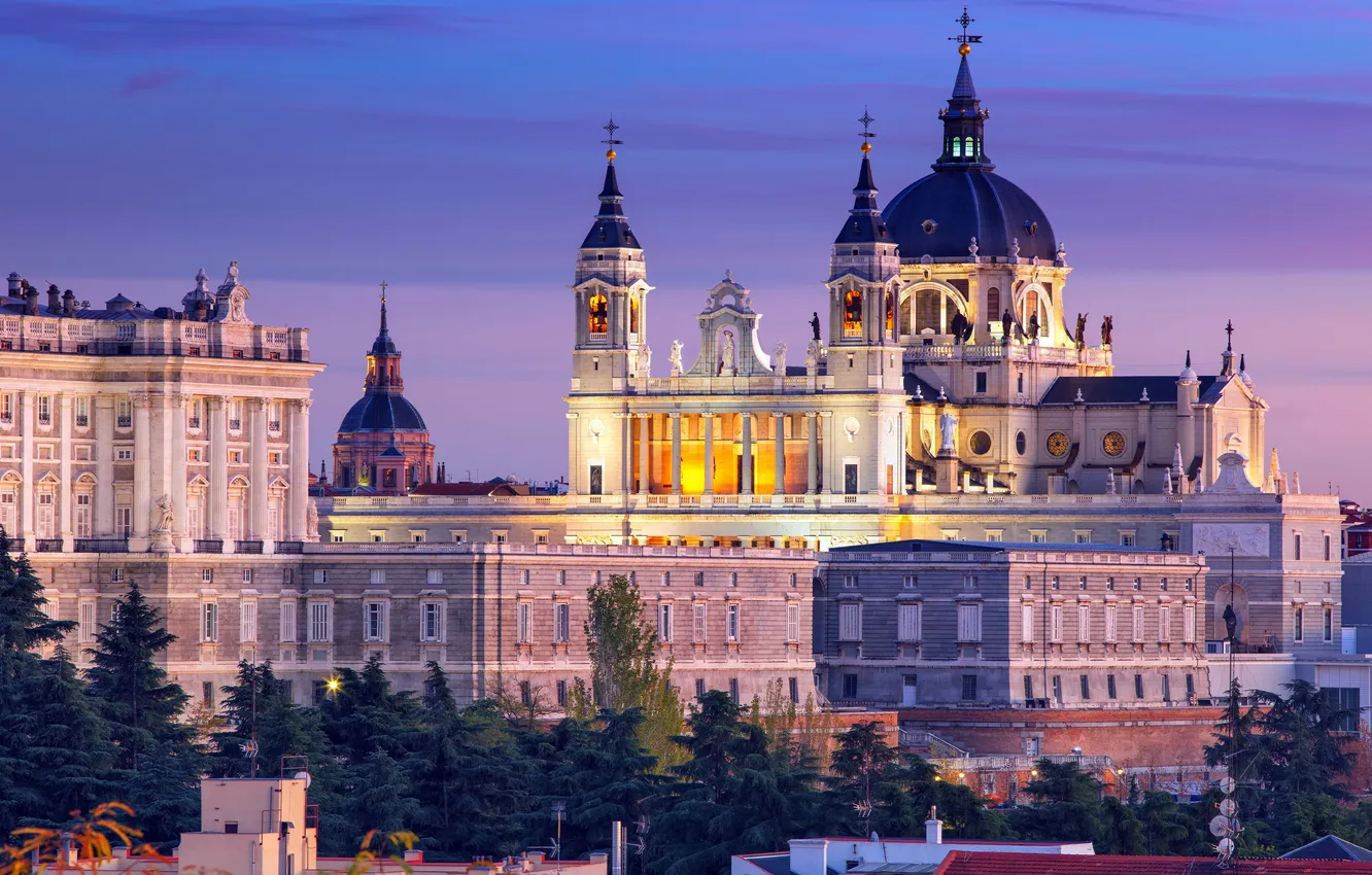 Photo wallpaper twilight, Spain, dusk, Spain, Madrid, Madrid, Almudena Cathedral, Almudena Cathedral