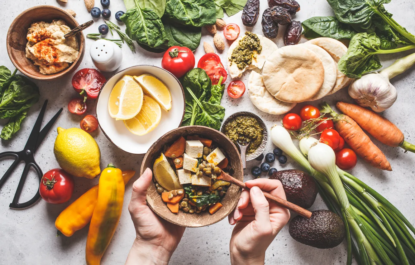 Photo wallpaper food, bowl, fruit, vegetables, dish, pellet, a lot