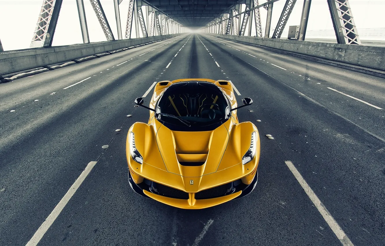 Photo wallpaper Ferrari, Front, Bridge, Yellow, Road, Supercar, LaFerrari, Gipercar