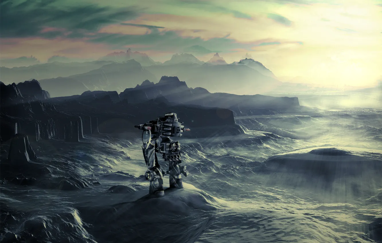 Photo wallpaper light, mountains, robot