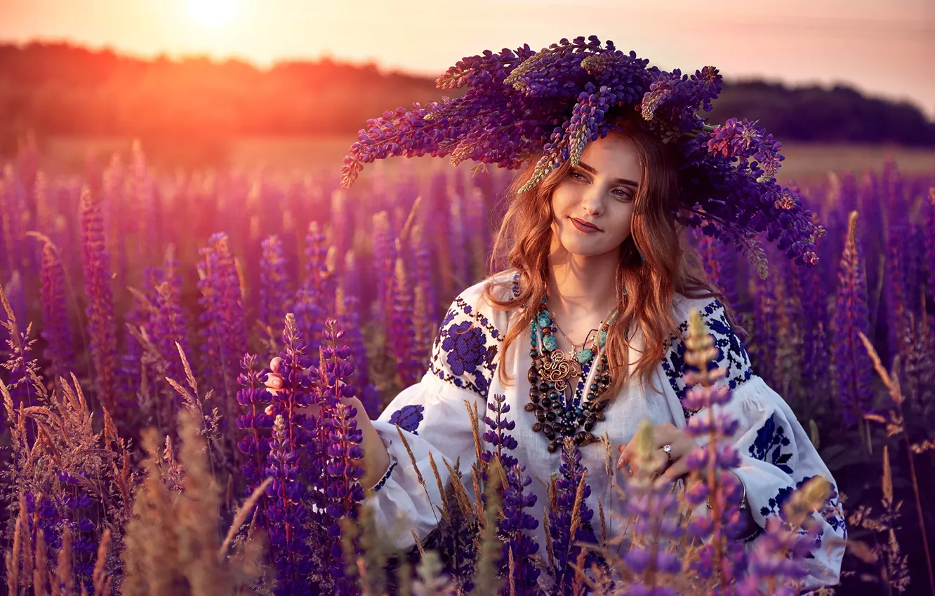 Photo wallpaper field, summer, girl, decoration, flowers, nature, beads, red