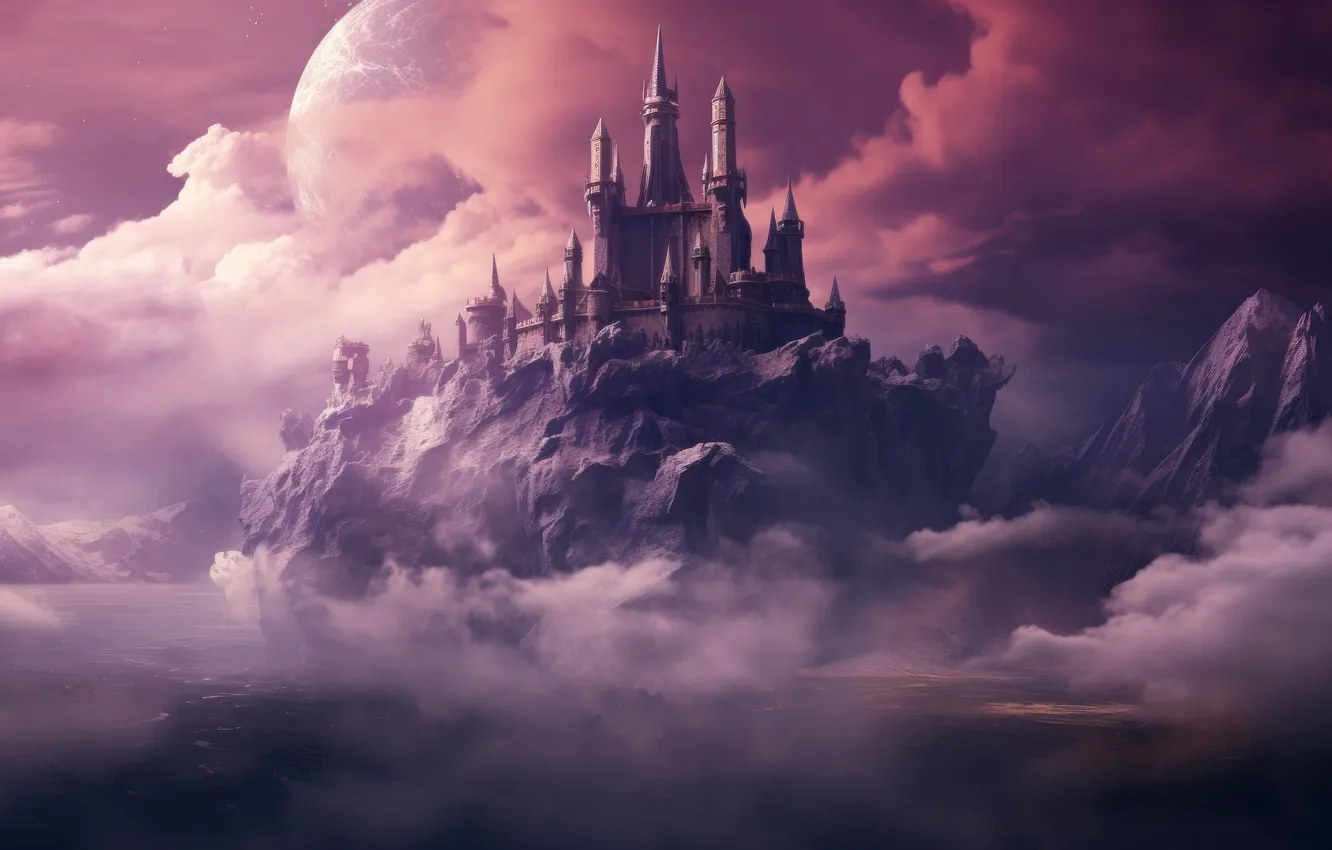 Photo wallpaper the sky, clouds, castle, rocks, planet, tower, fantasy, haze