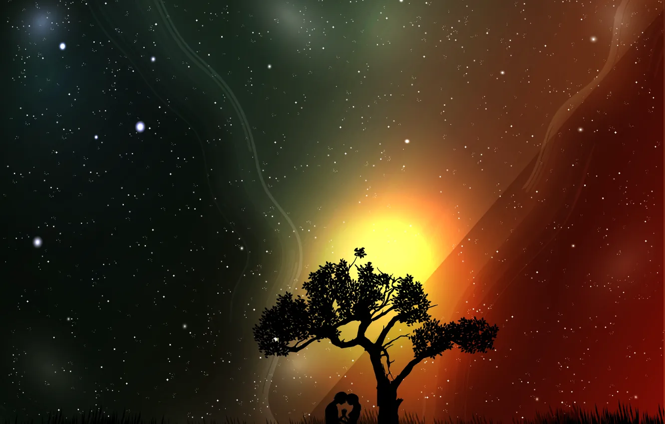 Photo wallpaper space, trees, love, people, the universe, stars, relationship, silhouettes