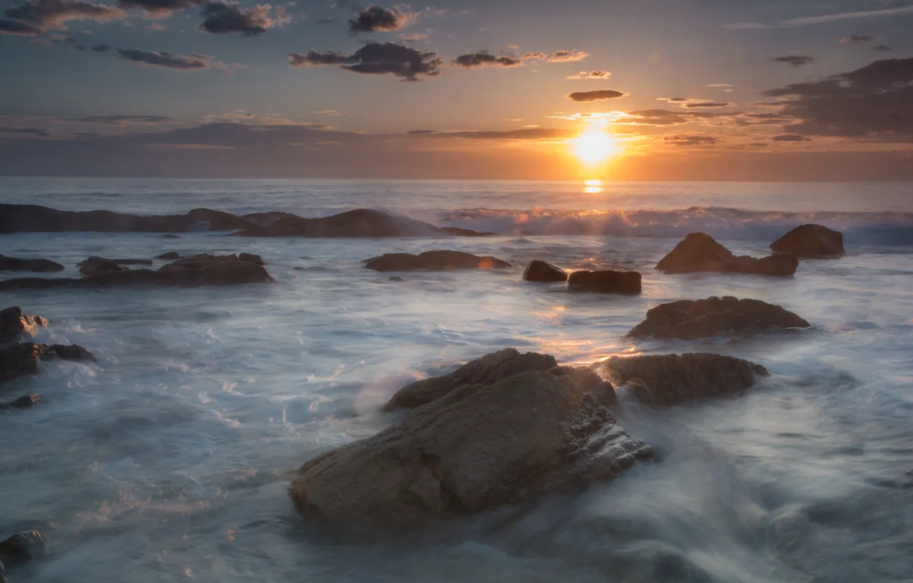 Photo wallpaper sea, wave, beach, the sky, the sun, clouds, light, landscape