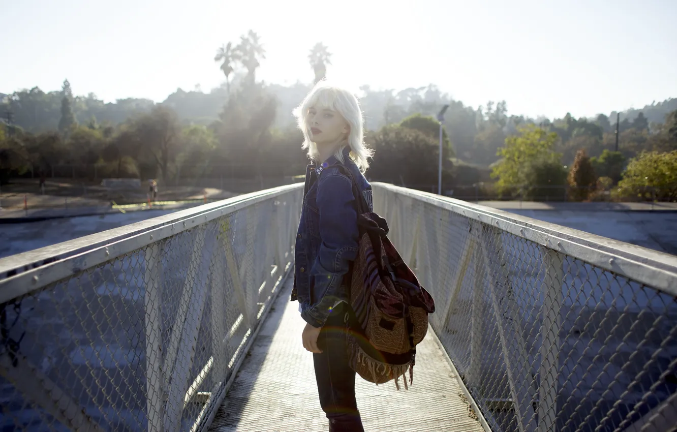 Photo wallpaper girl, sunshine, trees, woman, bridge, model, bokeh, jeans