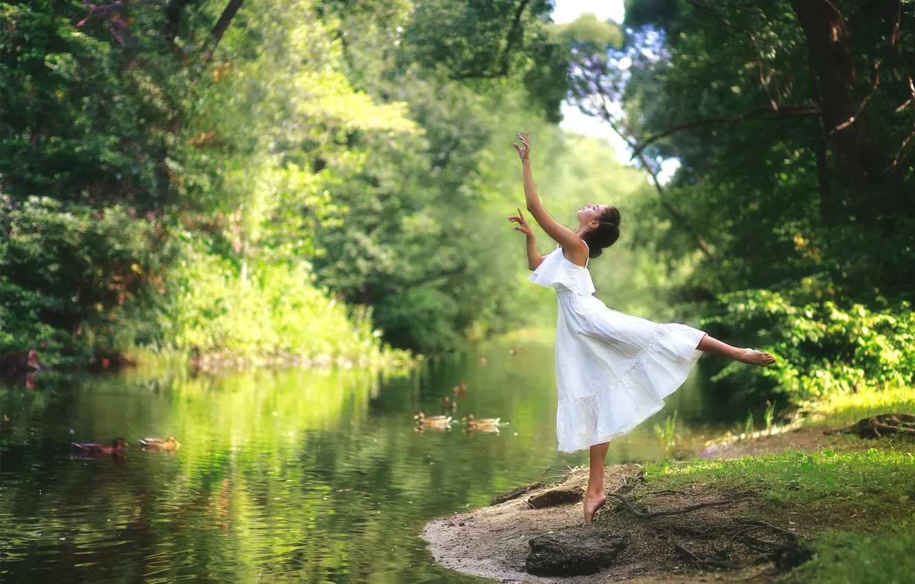 Photo wallpaper summer, girl, nature, pose, river, bird, duck, barefoot