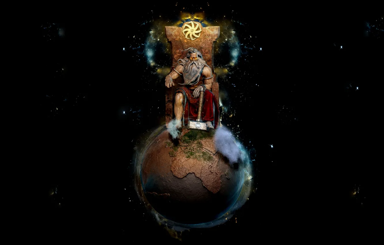 Photo wallpaper earth, planet, hammer, statue, sitting, the globe, black background, the throne
