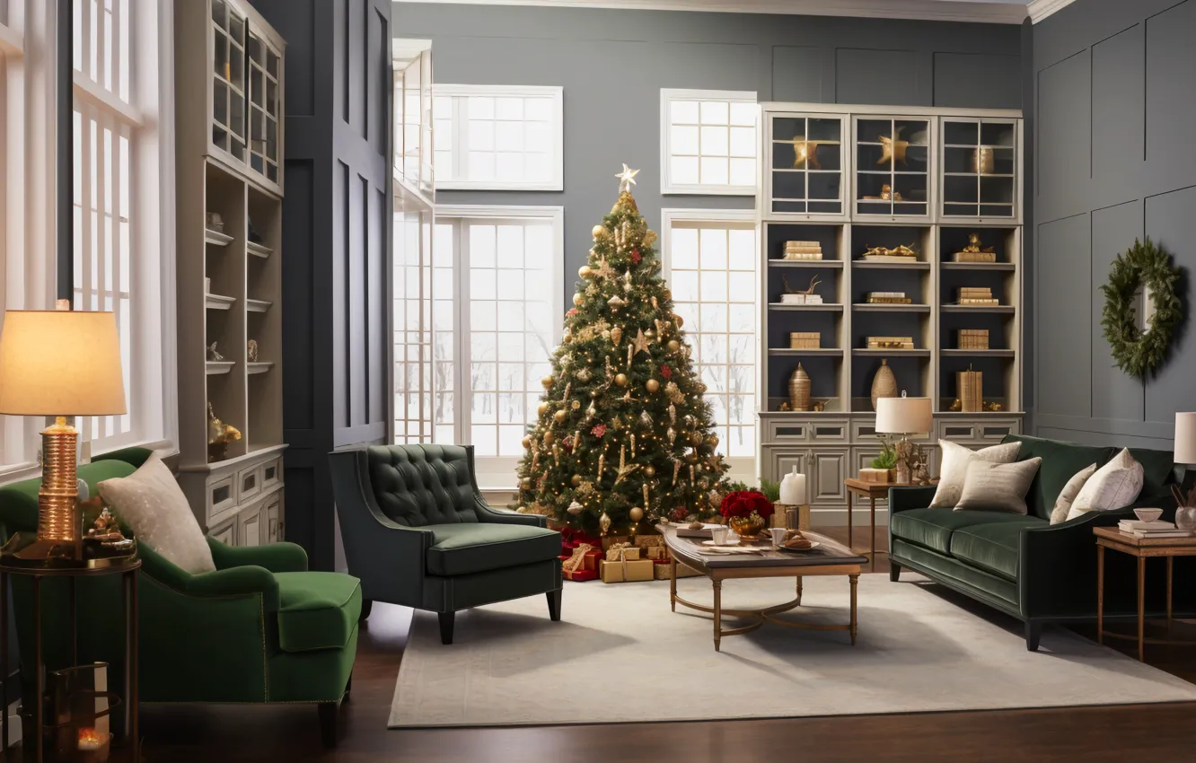 Photo wallpaper decoration, room, balls, tree, new year, home, interior, Christmas