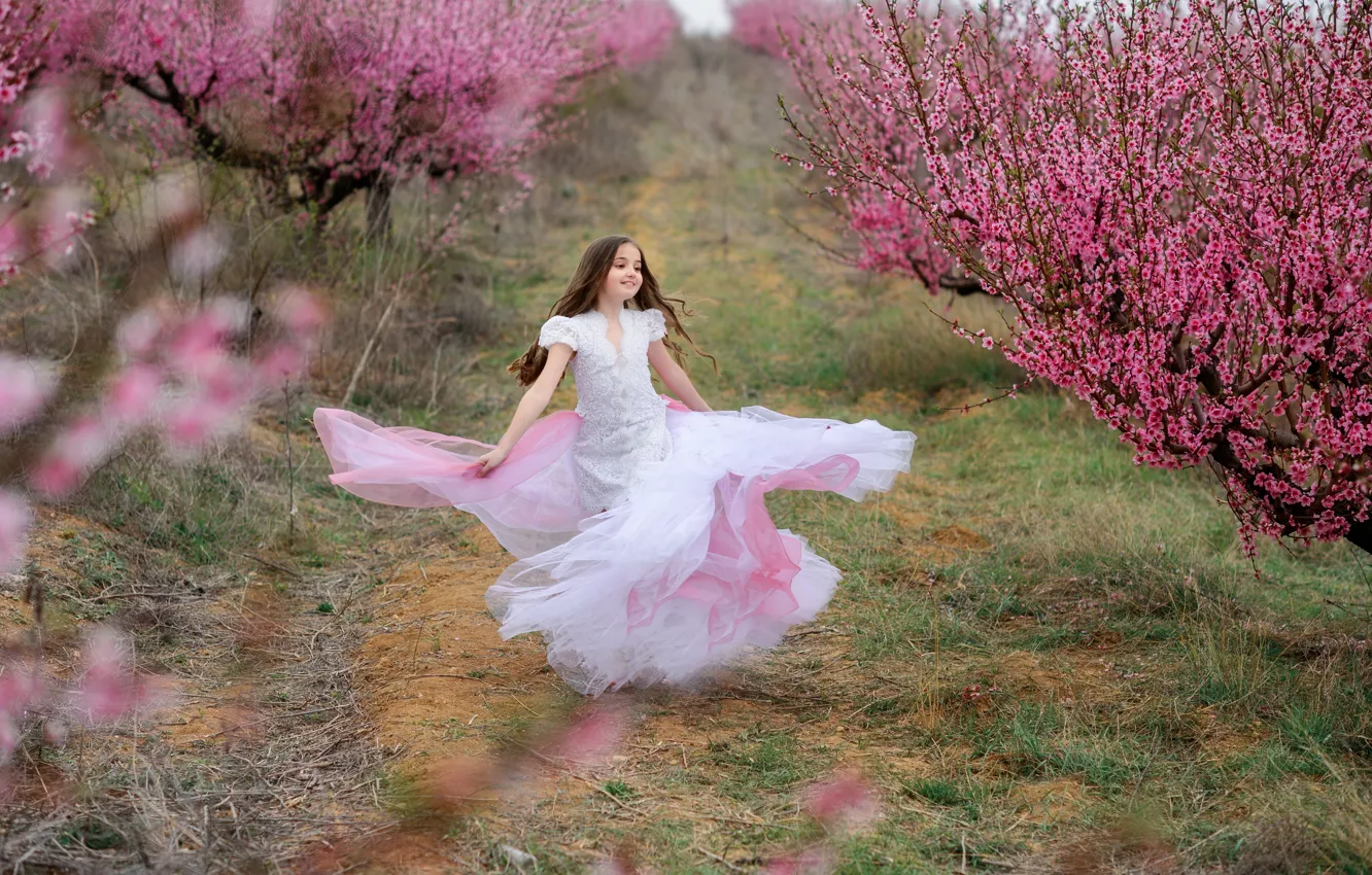 Photo wallpaper trees, spring, Sakura, dress, girl, girl, flowering, pink