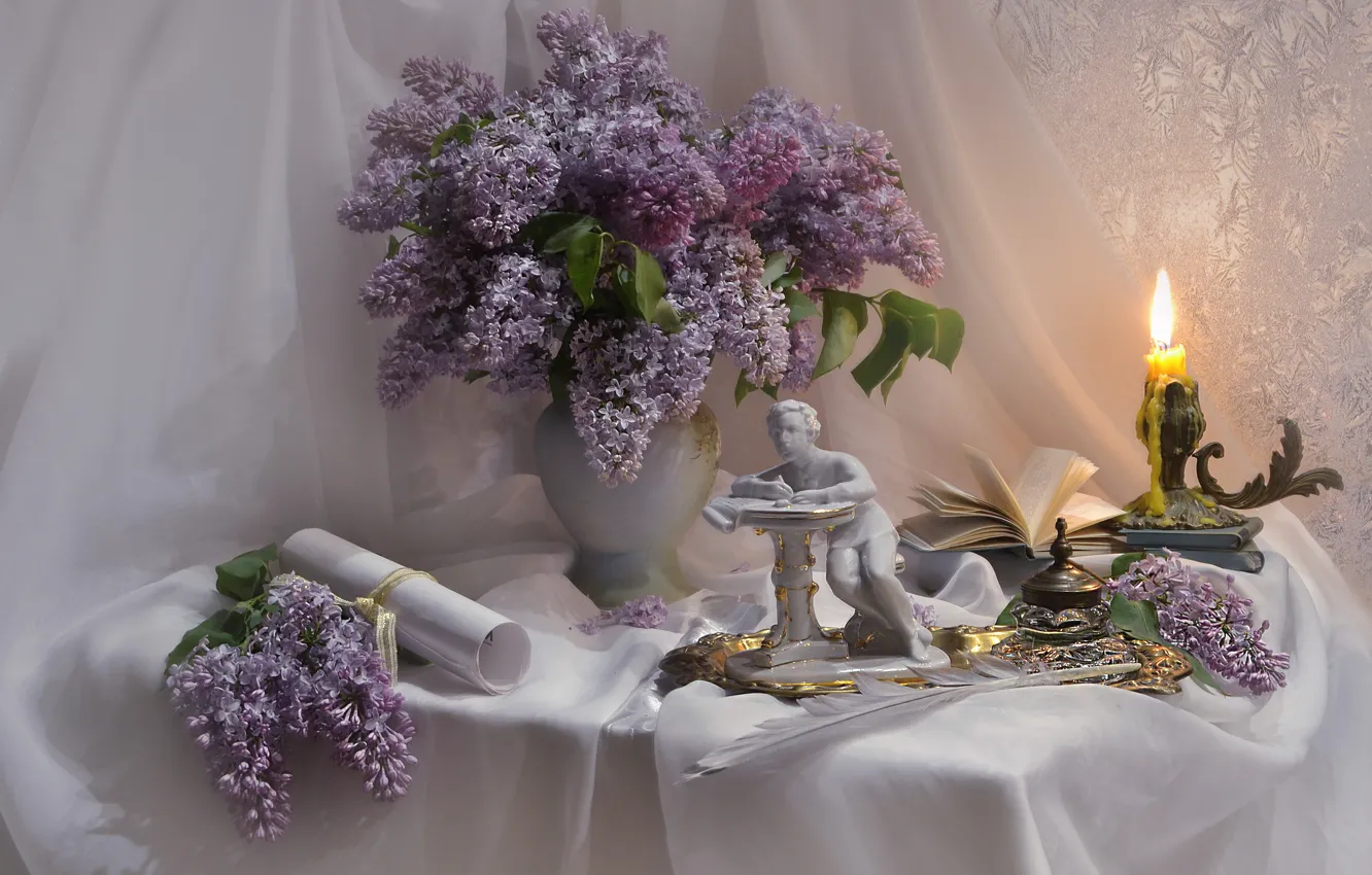 Photo wallpaper branches, paper, pen, candle, book, figurine, lilac, figure