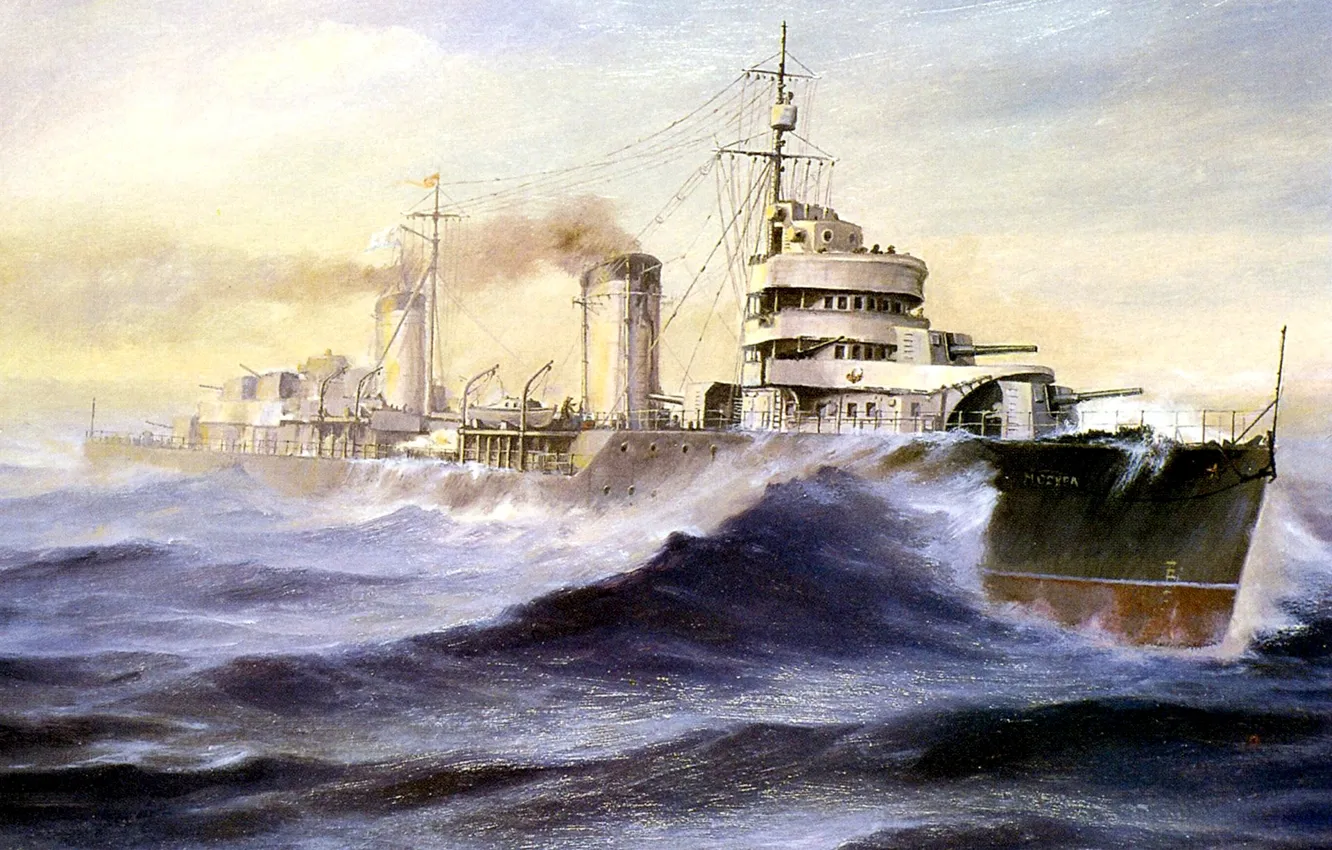 Photo wallpaper sea, war, oil, picture, canvas, the leader, &ampquot;Moscow&ampquot;, artist A. N. The lubyany
