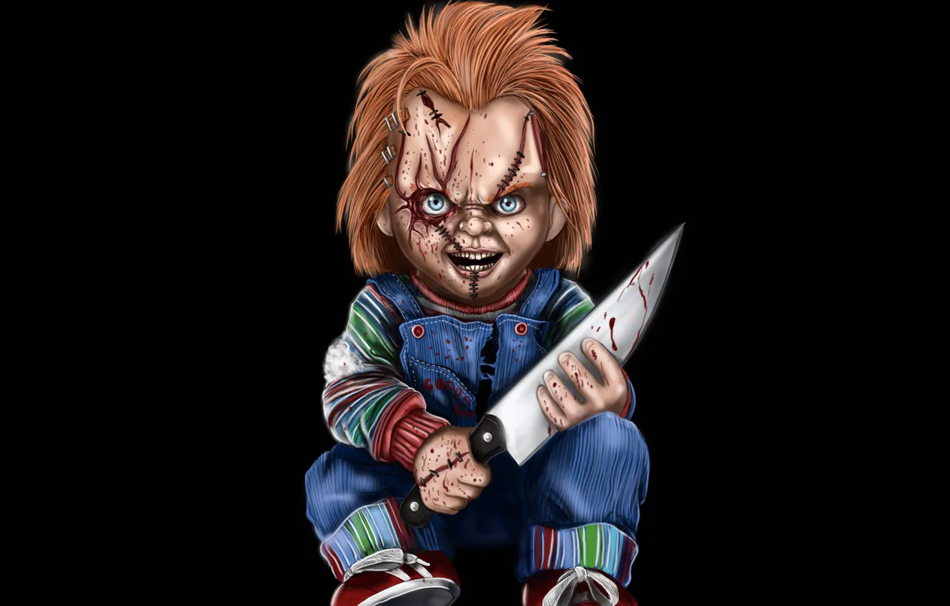 Photo wallpaper red, face, blood, minimalism, doll, knife, evil, red