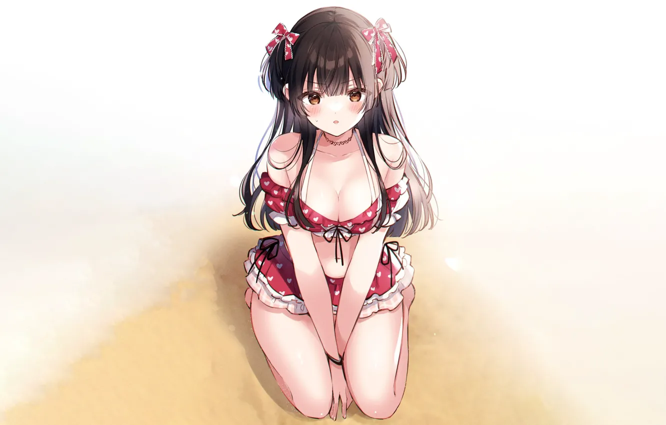 Photo wallpaper girl, sexy, cleavage, blouse, long hair, brown hair, boobs, anime