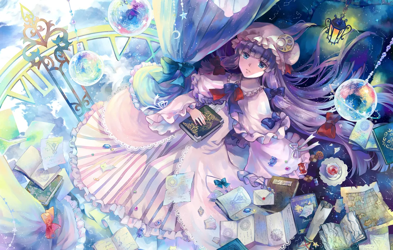 Photo wallpaper girl, planet, books, anime, art, touhou, patchouli knowledge, letters