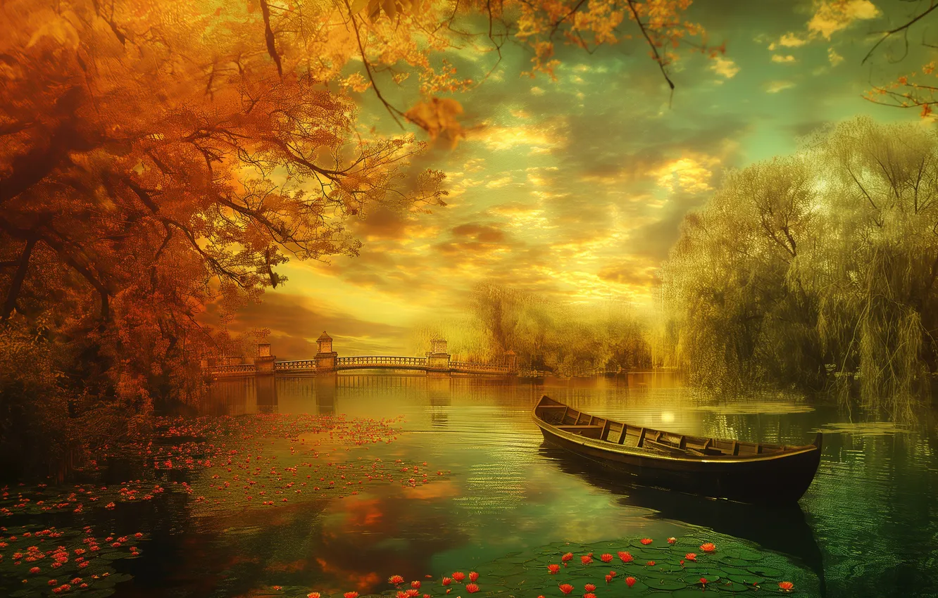 Photo wallpaper green, river, trees, bridge, art, flowers, orange, painting