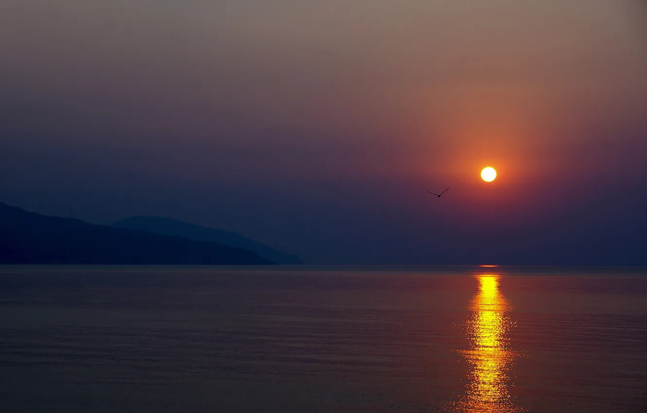 Photo wallpaper sea, sunset, surface, Shine, track, Silver