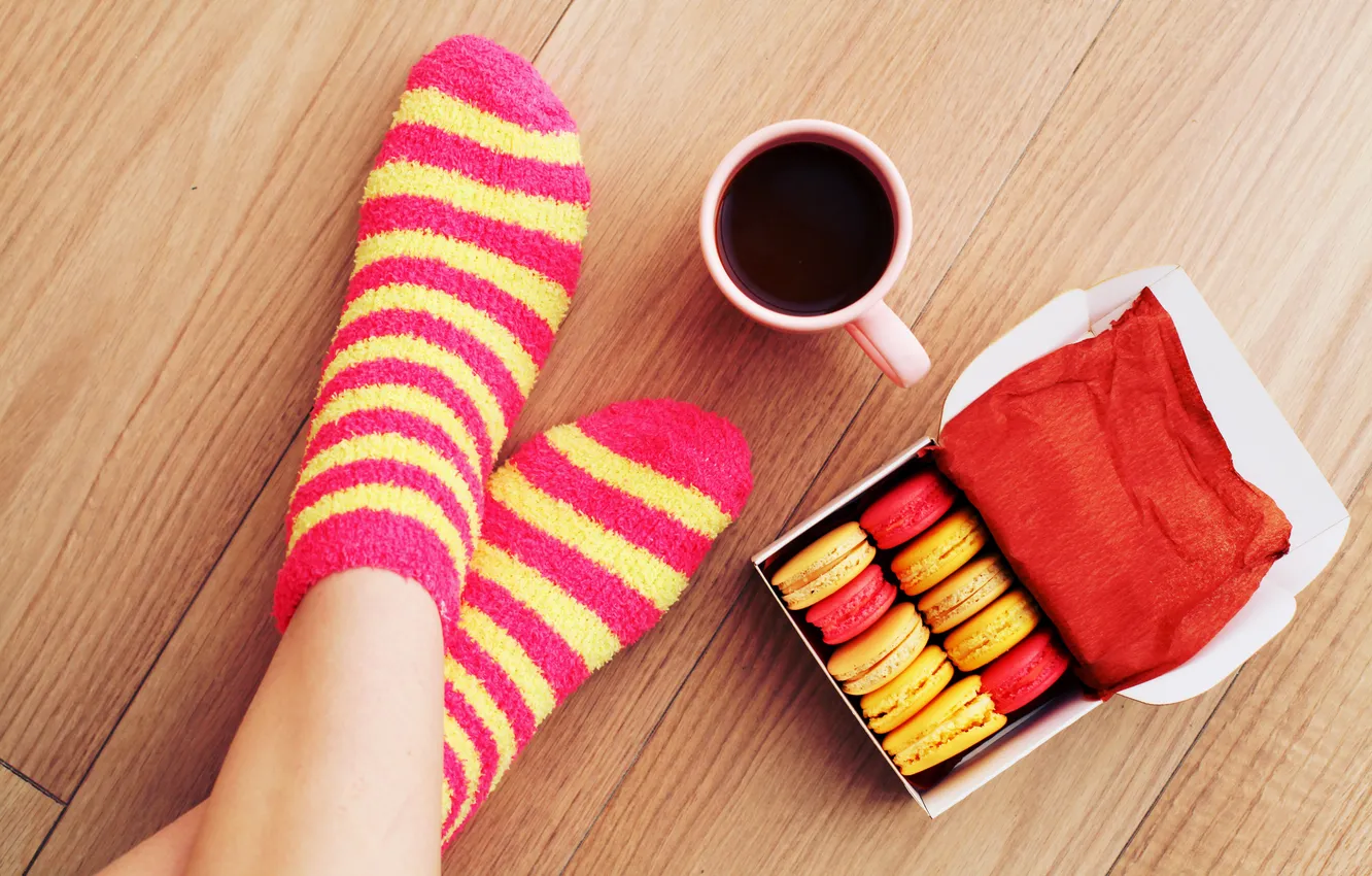 Photo wallpaper feet, coffee, cookies, Cup, socks, cup, coffee, socks