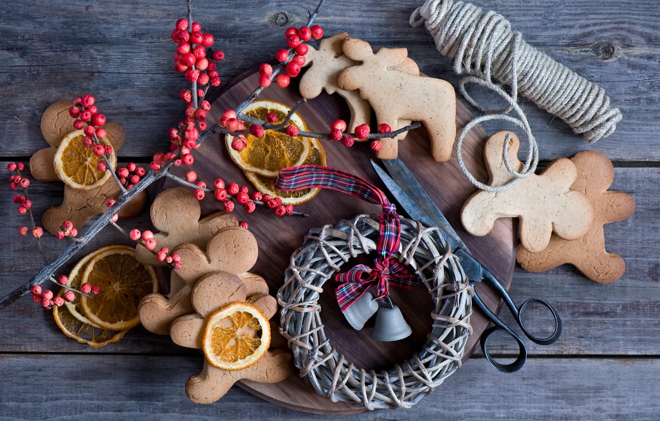 Photo wallpaper winter, Board, orange, food, cookies, still life, thread, wreath