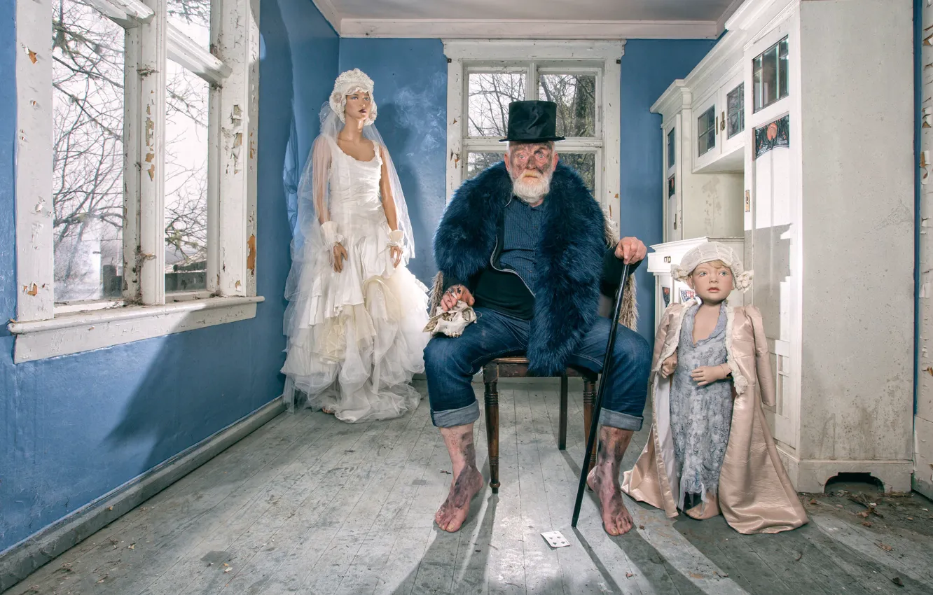 Photo wallpaper doll, chair, grandfather, beard, the bride
