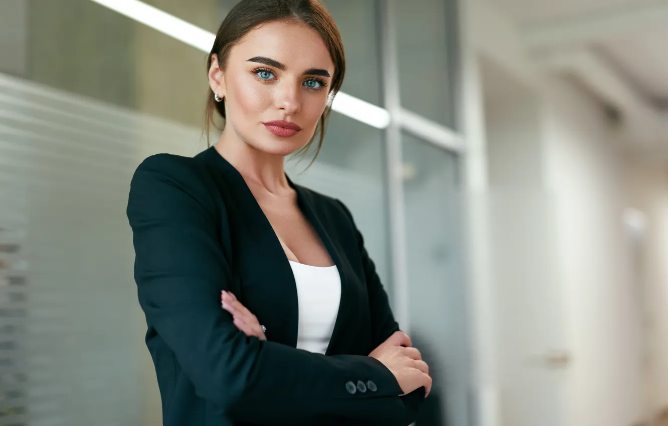 Photo wallpaper look, girl, blue eyes, business, Dress code