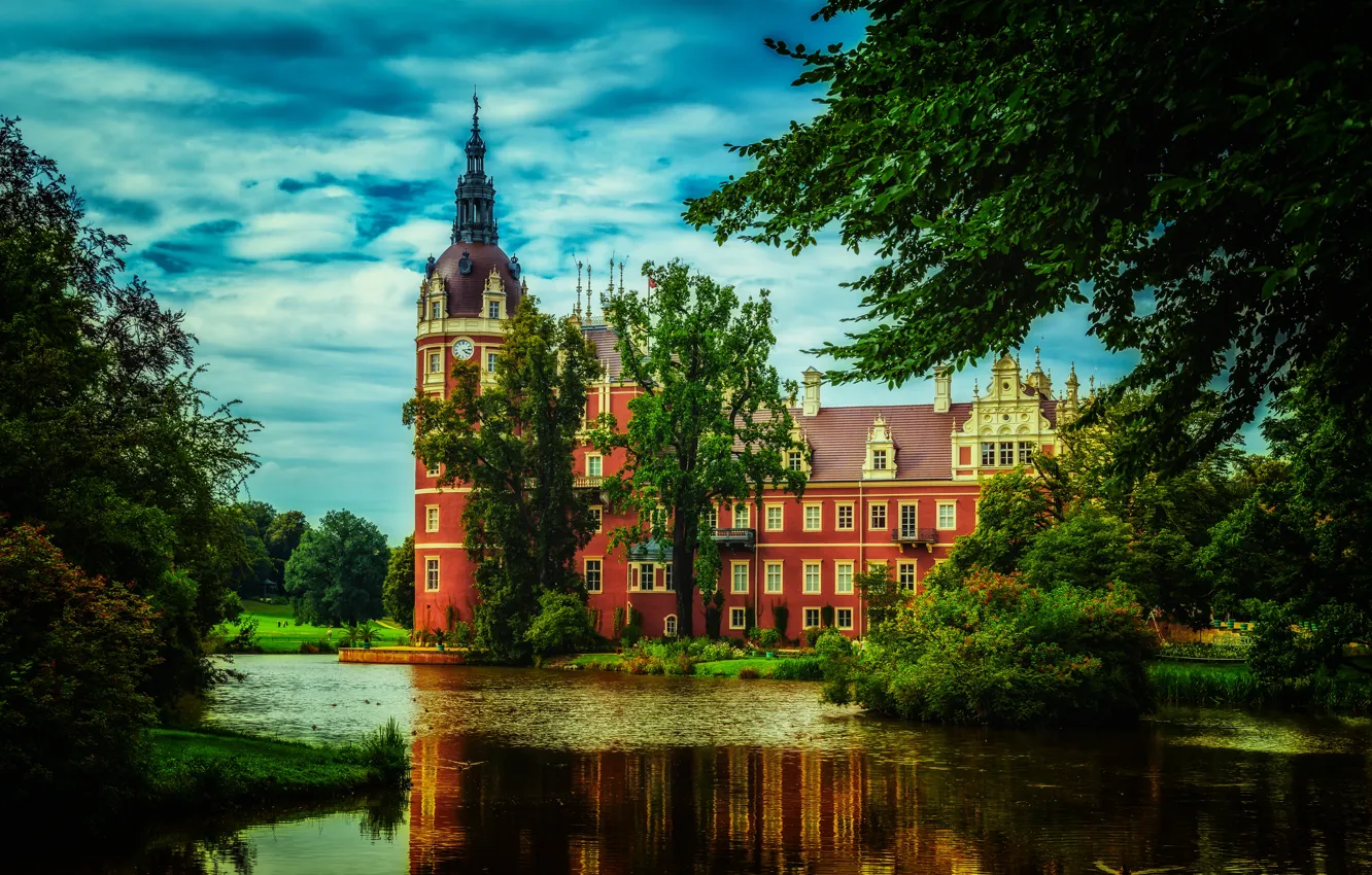Photo wallpaper greens, clouds, trees, pond, Park, castle, HDR, Germany