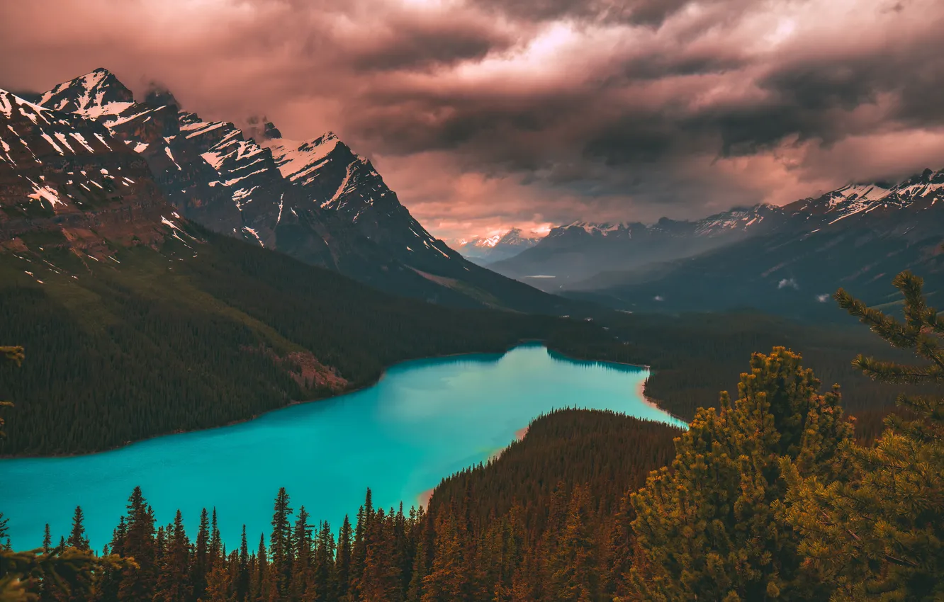 Photo wallpaper autumn, forest, mountains, clouds, lake, Canada, Moraine