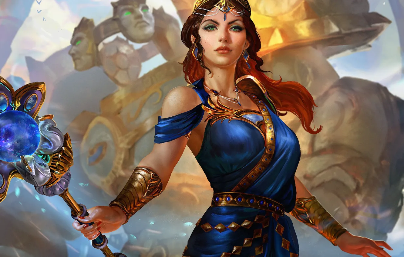 Photo wallpaper girl, God, dress, rod, art, Smite, Hera