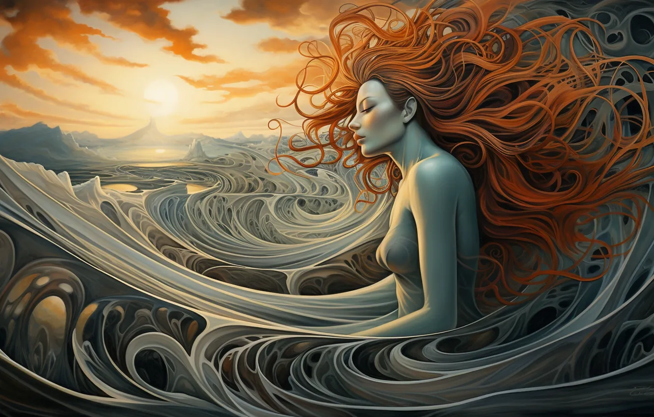 Photo wallpaper girl, line, redhead, digital painting, digital art, AI art, The Art of Artificial Intelligence, neural …