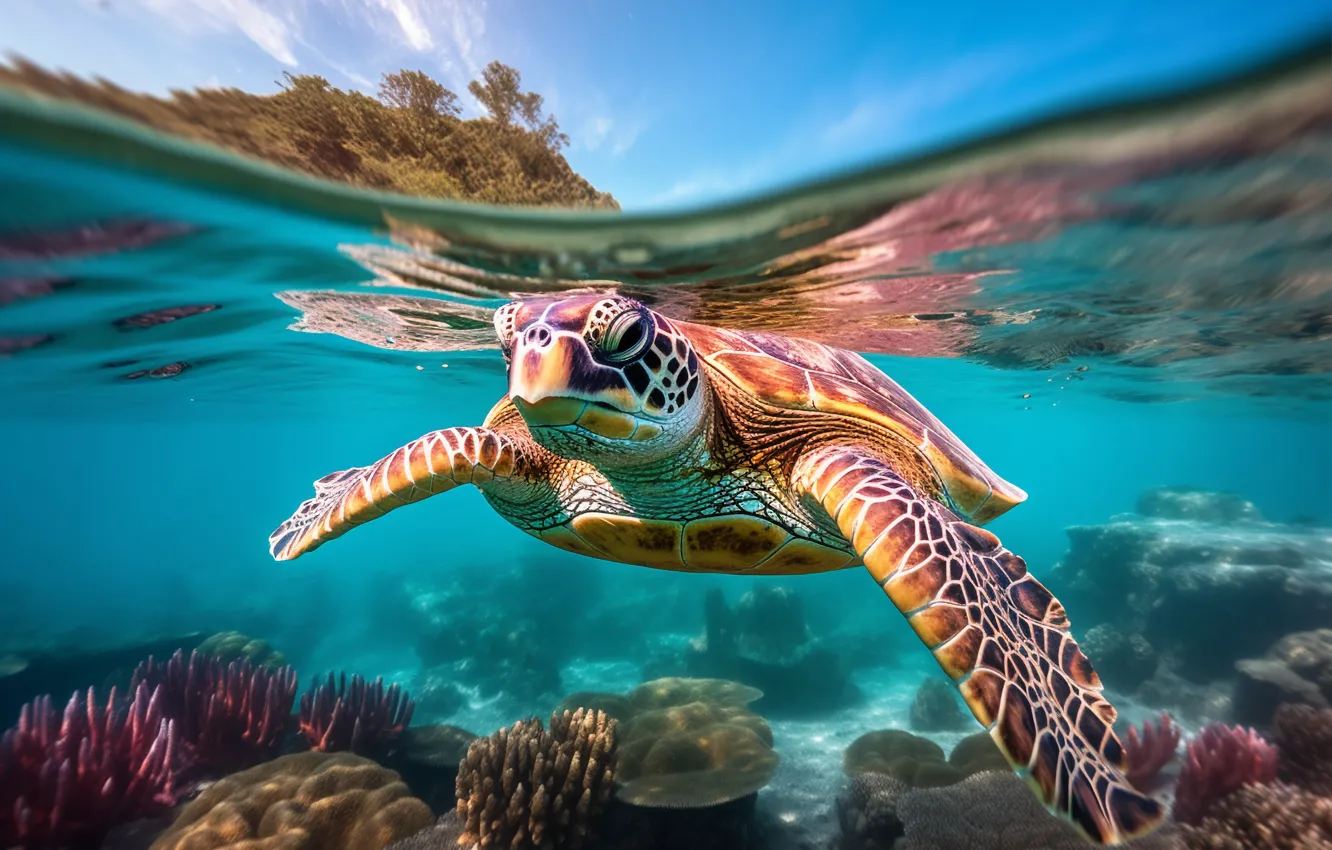 Photo wallpaper sea, look, water, turtle, underwater world, sea turtle, swimming, AI art